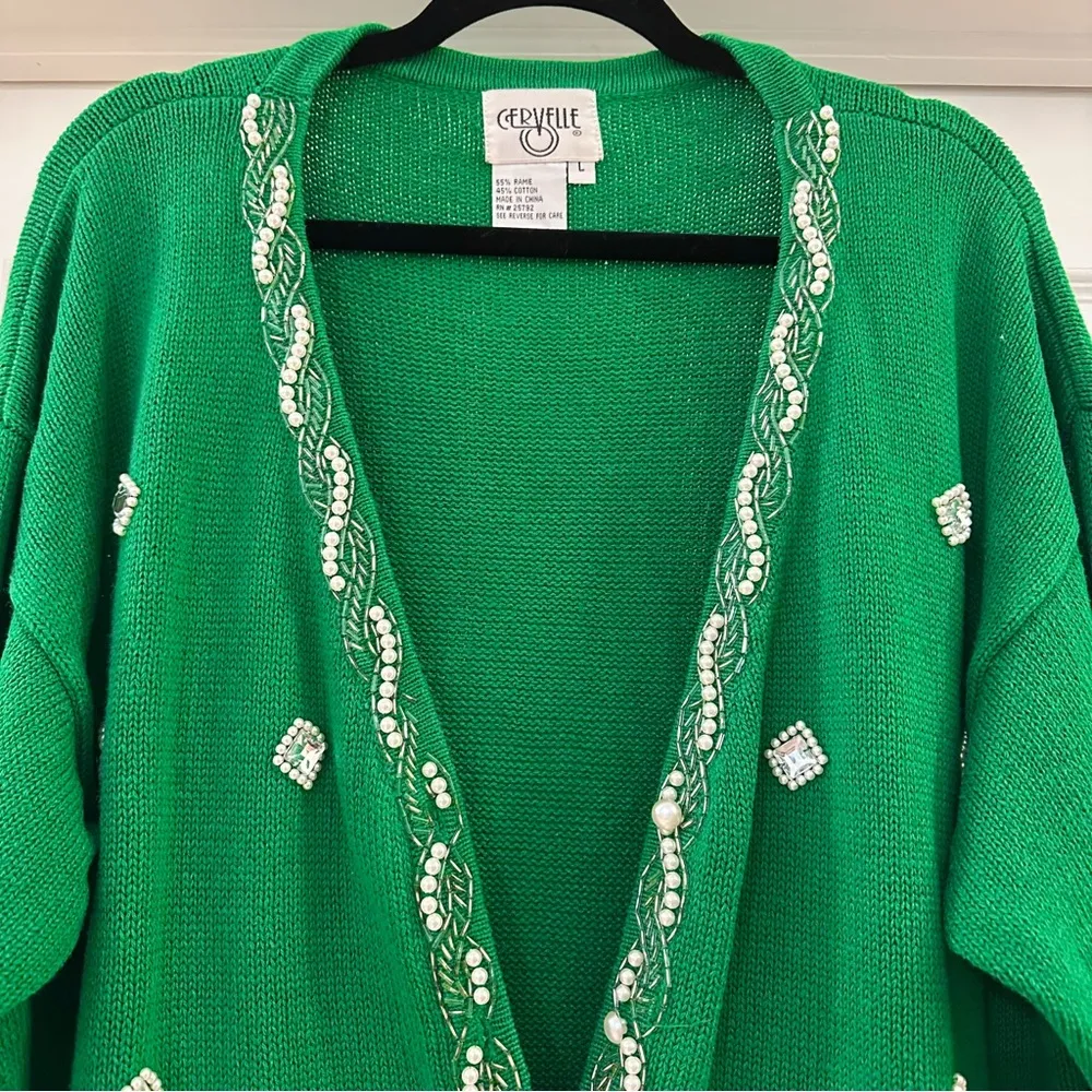 Cervelle Vintage Beaded Pearl Embellished V Neck Cardigan Sweater Kelly Green Size L - Image 3