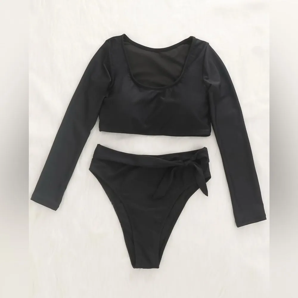GirlsUpto Womens Two Piece Swimsuit High Waisted Rash Guard Long Sleeve L NWOT Black Size L - Image 12