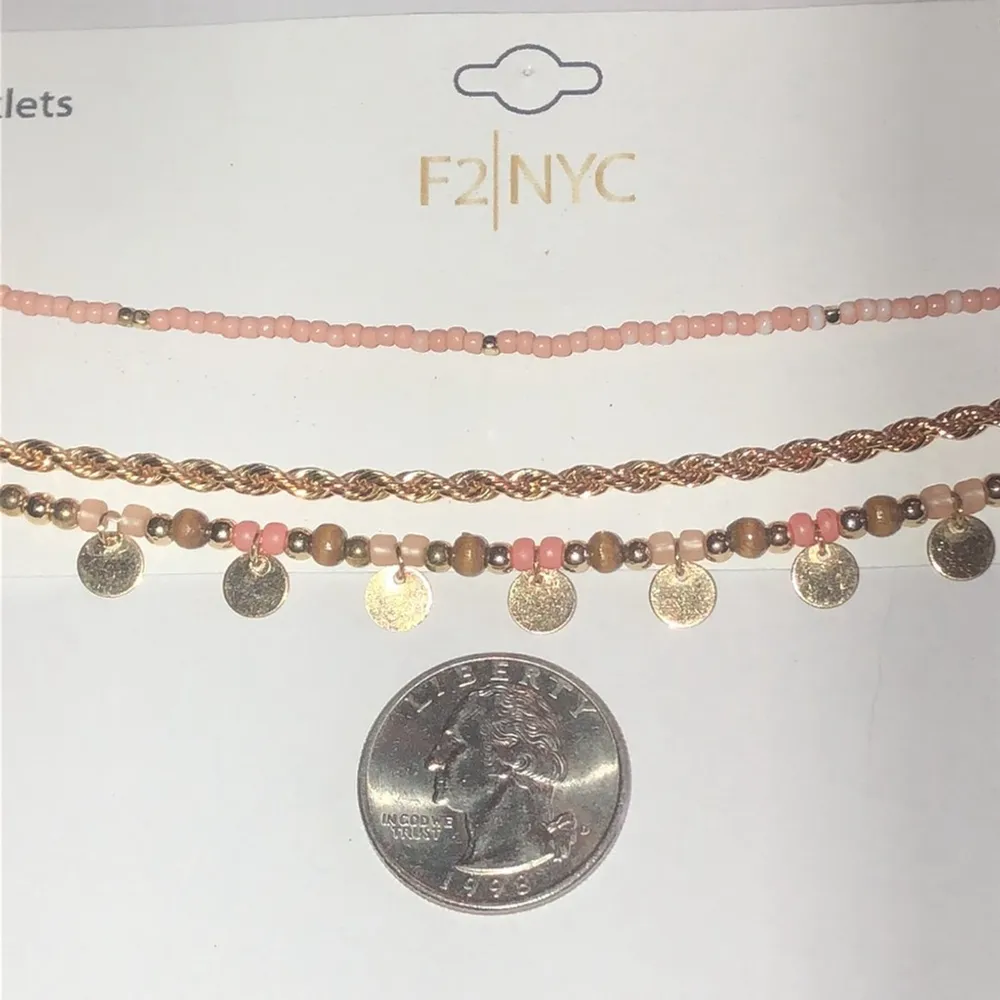 3 Gold Tone Pink Beaded Boho Ankle Bracelets - Image 3