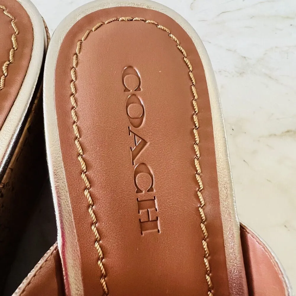 COACH Gold Brown Logo Wedge Heel Platform Slide Sandals - US 9.5 - Image 3