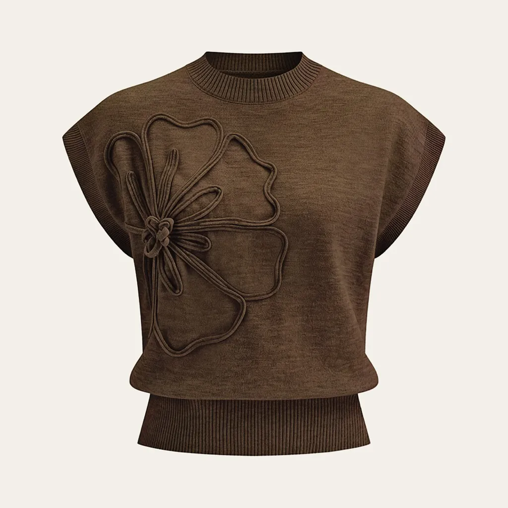 Commense Floral Appliqué Brown Mock Neck Knit Sweater Vest Bohemian Size L Size L - Image 2