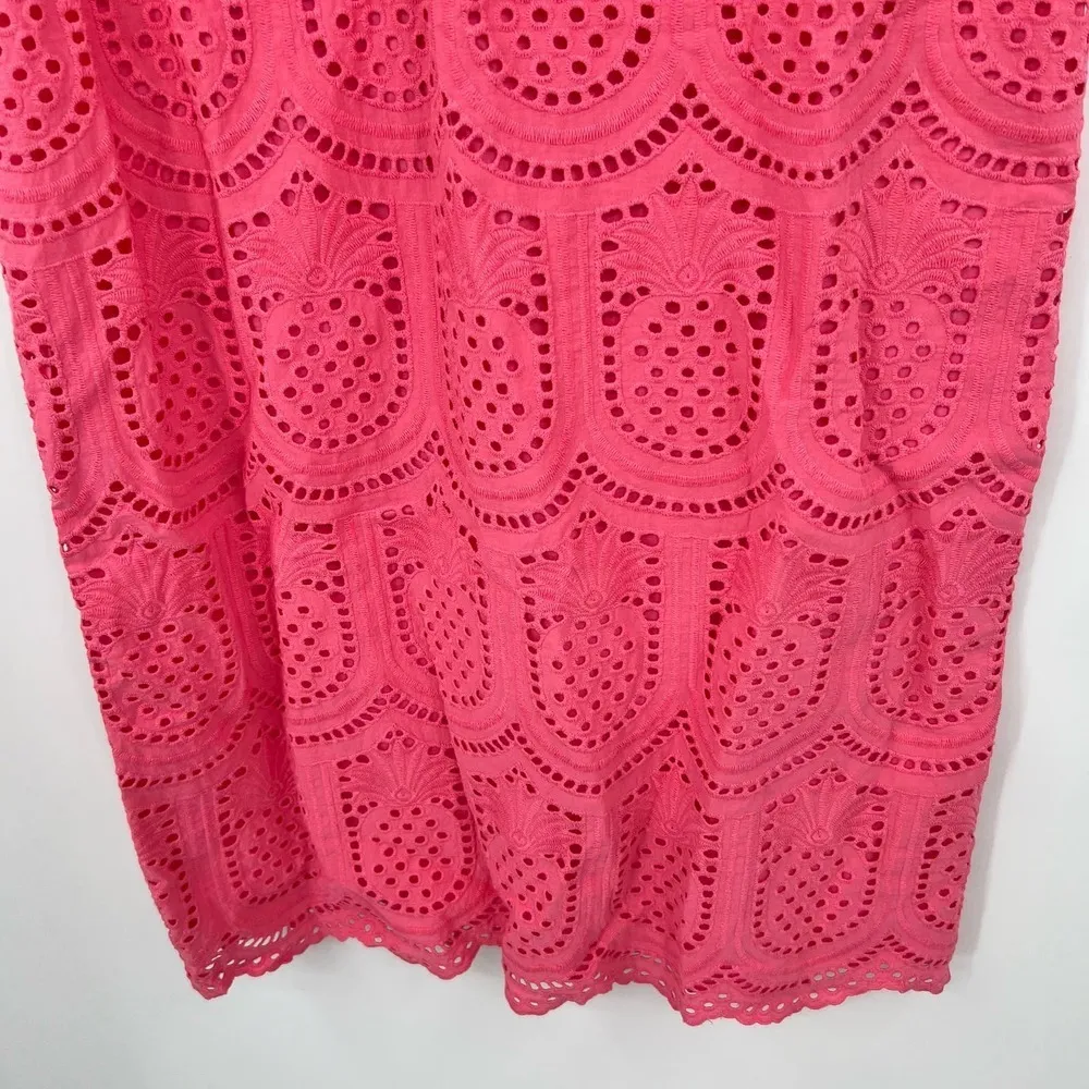 Talbots Bright Coral Pink EMBROIDERED EYELET Bahama PINEAPPLE SHIFT DRESS sz 12 - Image 6