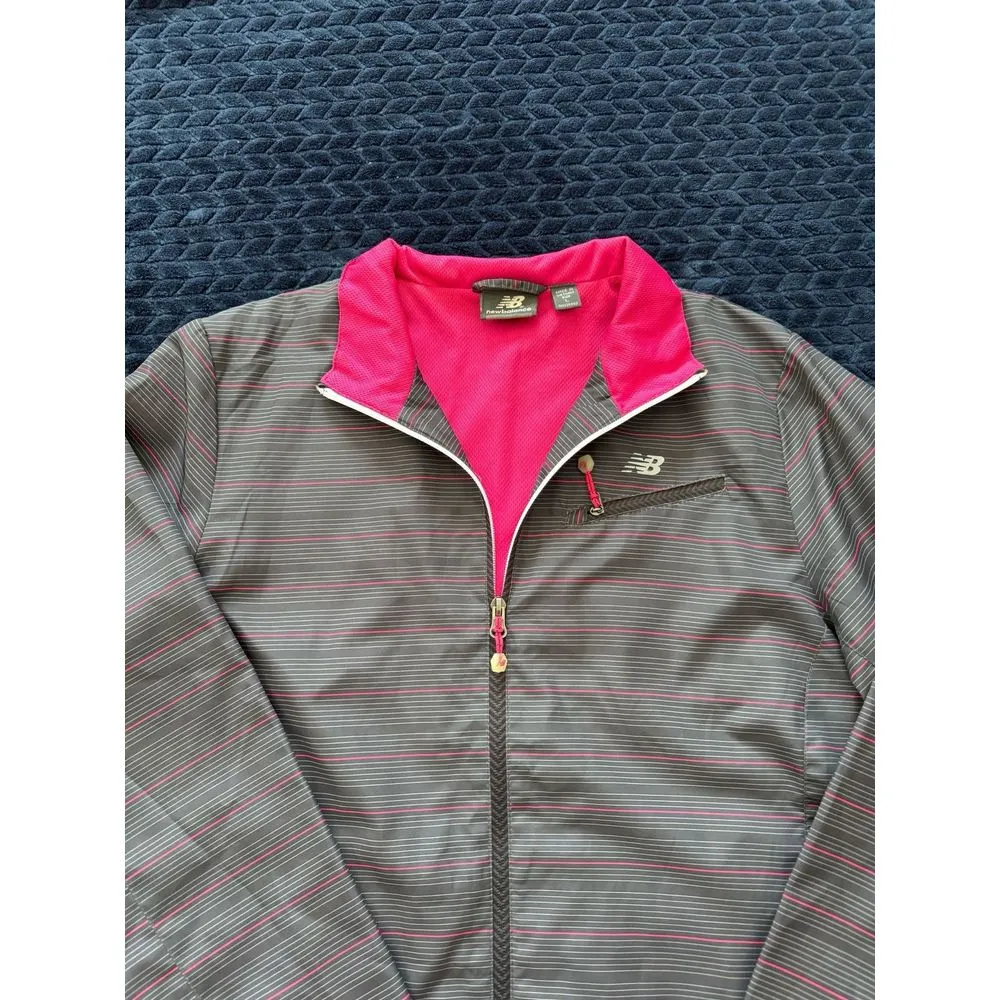 New Balance‎ Women's Hooded Windbreaker Jacket Gray Pink Striped Size L - Image 3
