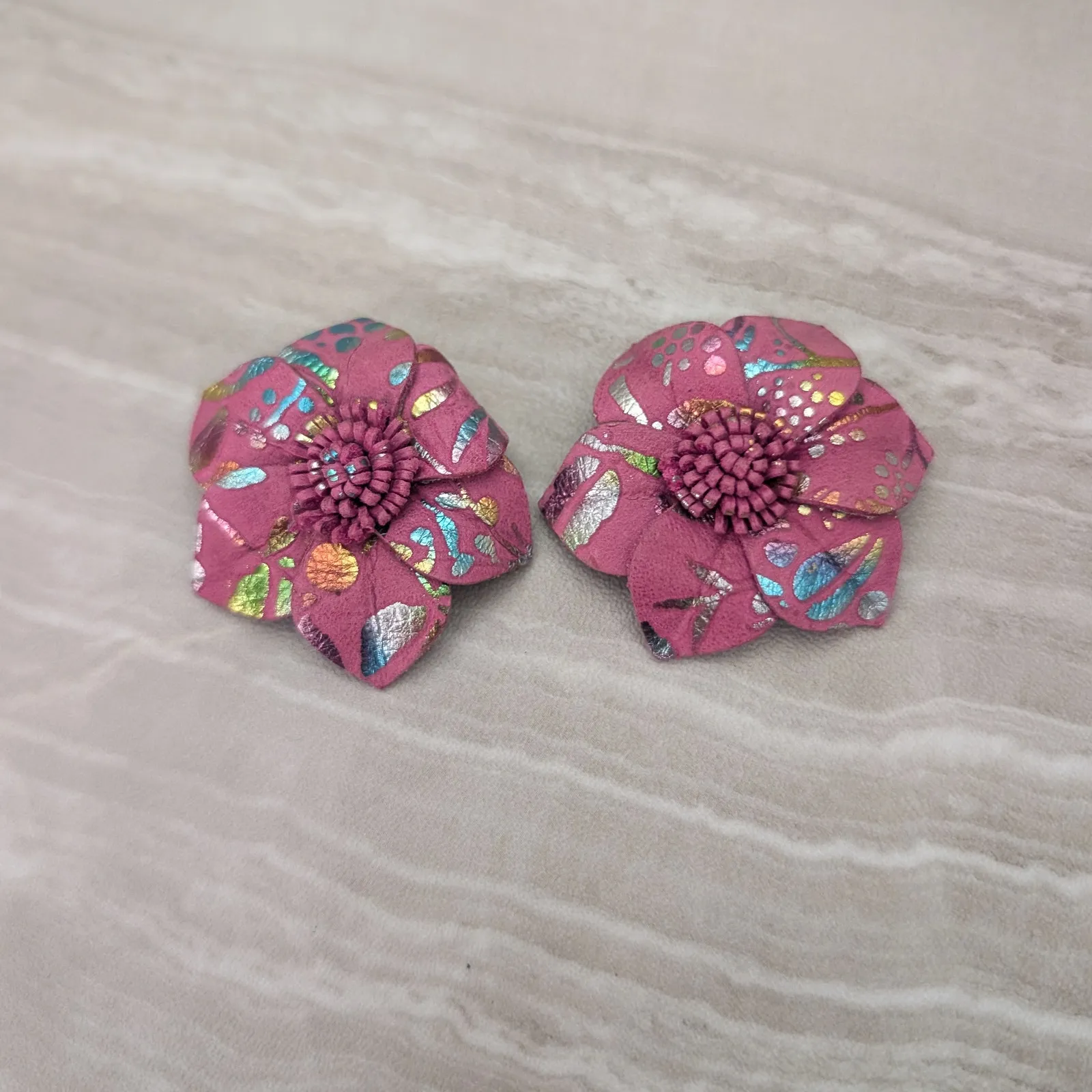 Vintage Clip On Earrings Extra Large Pink Flower Whimsical Statement Earrings - Image 2