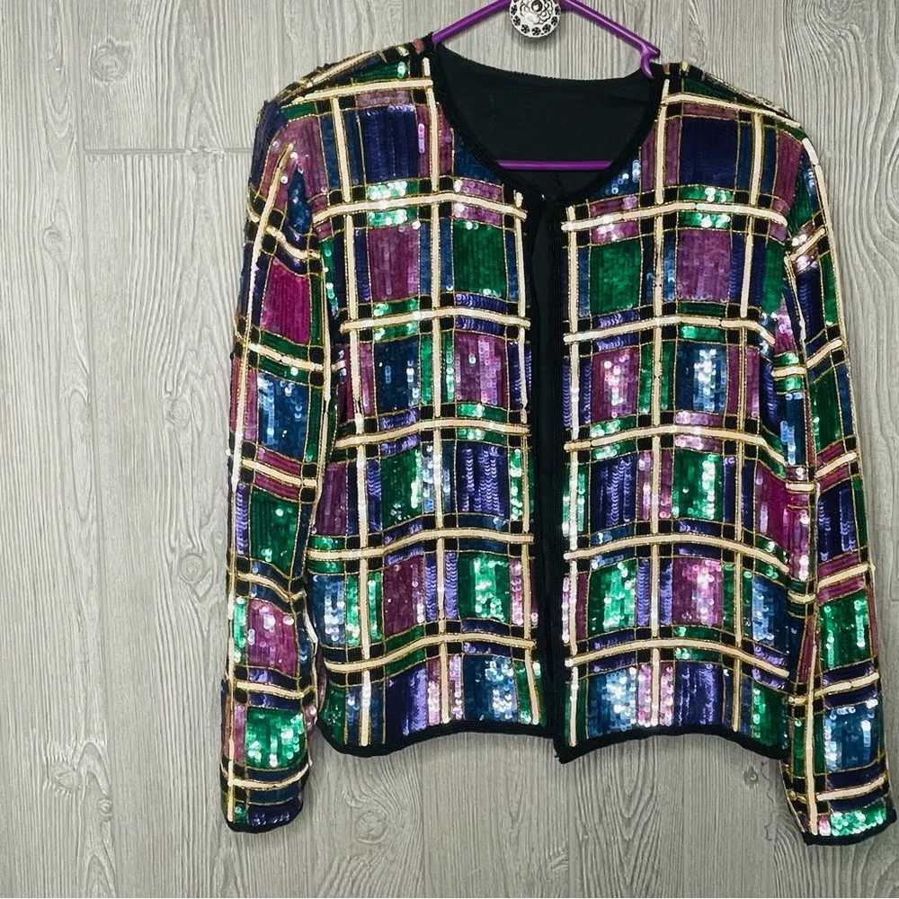 Vintage sequin / silk color block shiney blazer jacket unique era style shirt Blue - Image 12