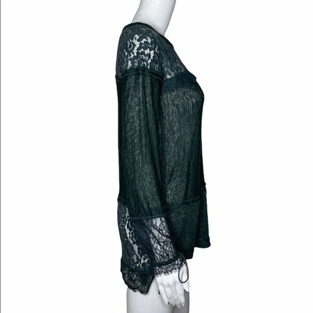 Free People Shirt Womens XS Hunter Green Lace New Romantics Blouse Lace Bohemian - Image 2