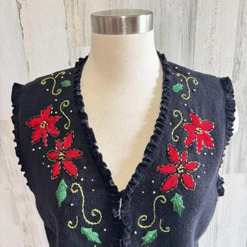 Vintage Embroidered Poinsettia Vest beaded Holiday Christmas Ramie Cotton large - Image 5