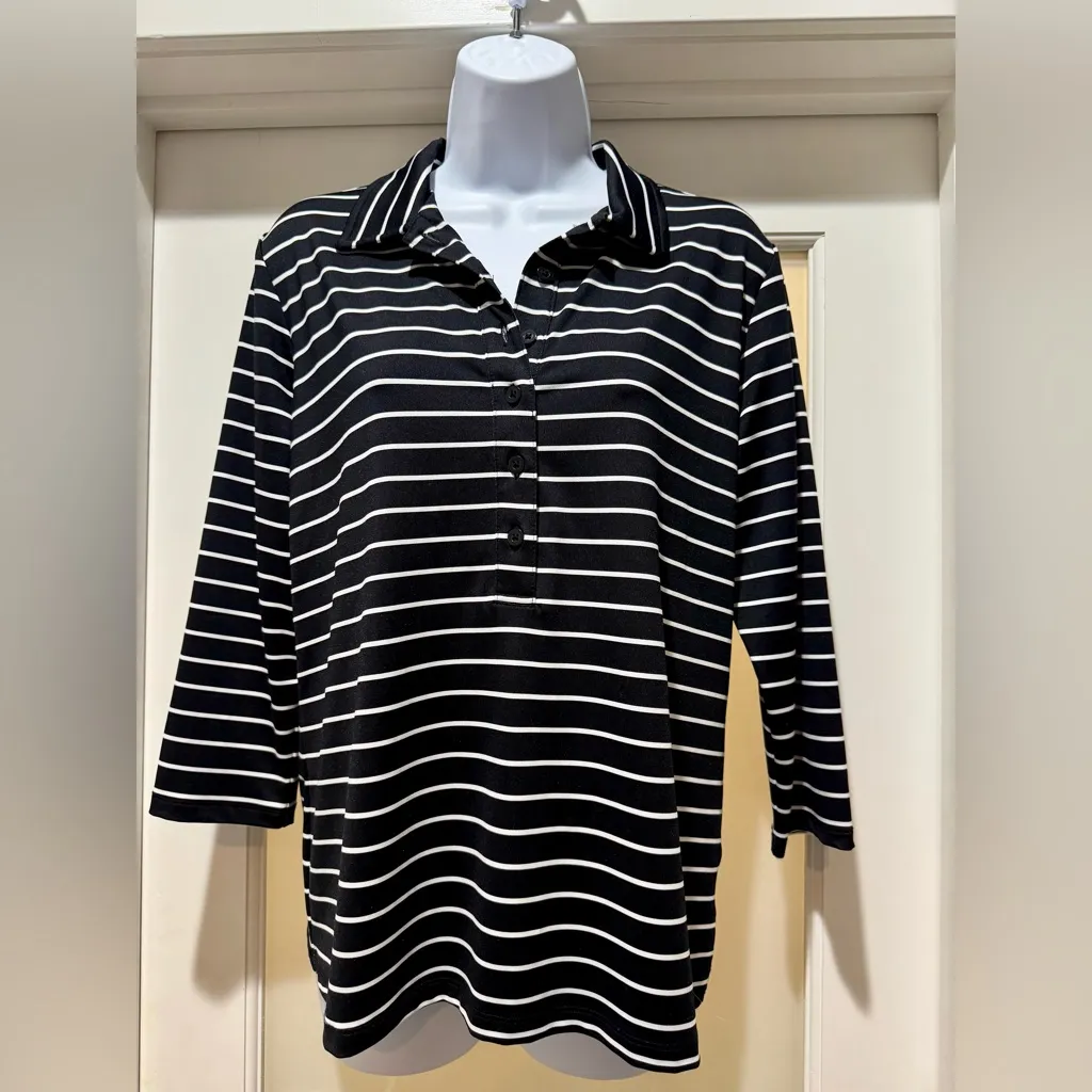 Lands’ End Black & White Stripe 3/4 Sleeve Top M | Half Button Front Stretch Size M - Image 2