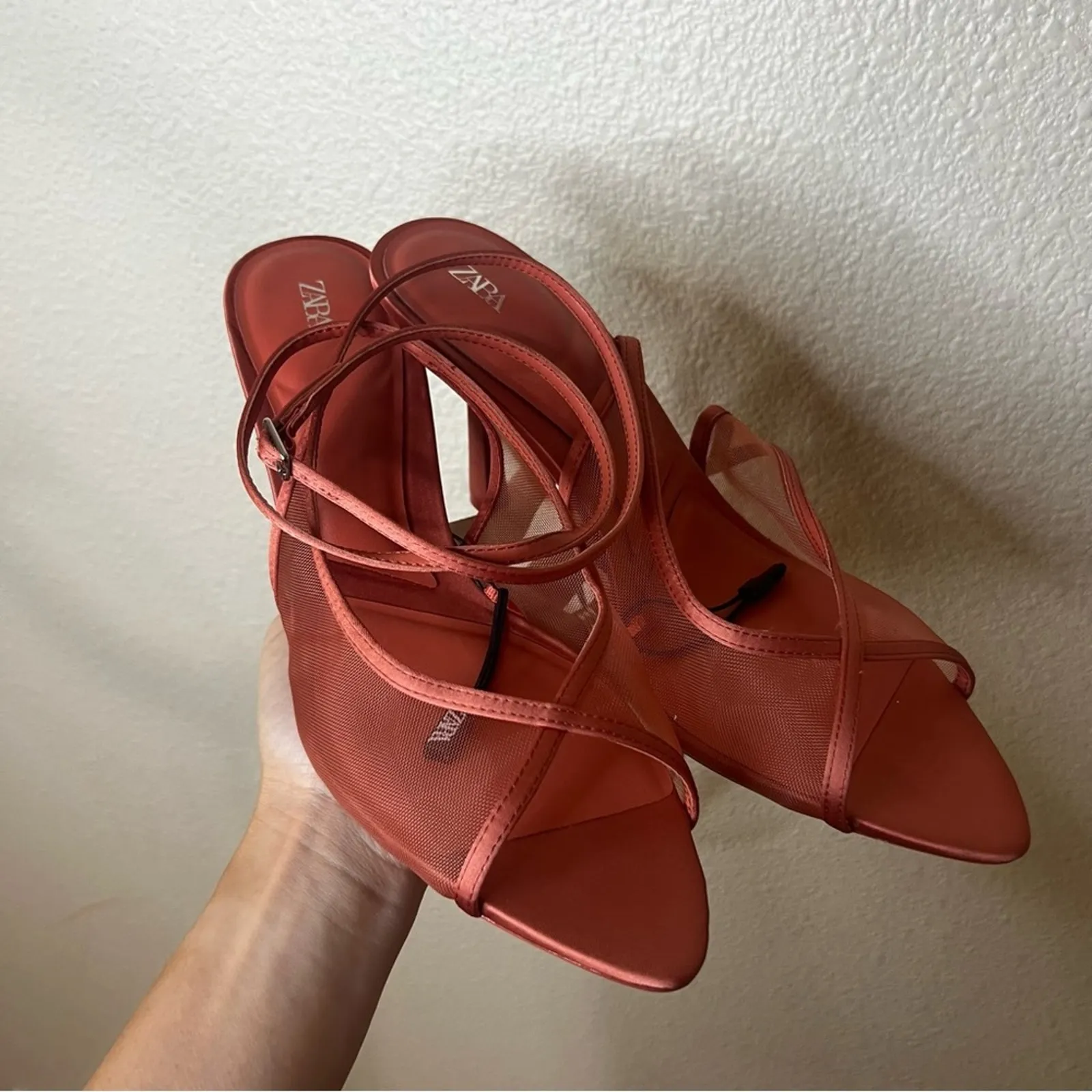 ZARA  coral red mesh strappy pointed heels NEW 41/10 - Image 6
