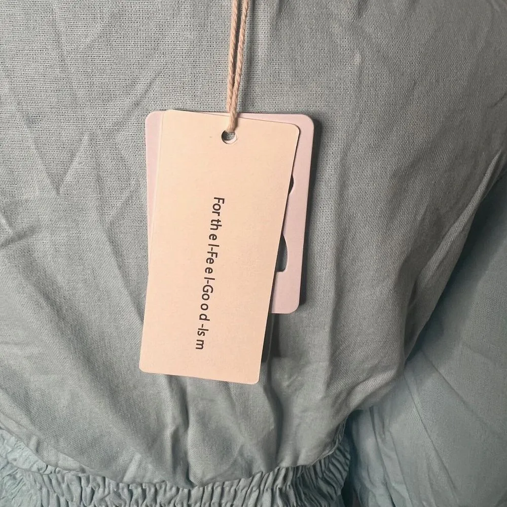 Commense Cotton Linen Twist‎ Tunic Midi Dress Light Blue Short Puffed Sleeve NWT Size M - Image 9