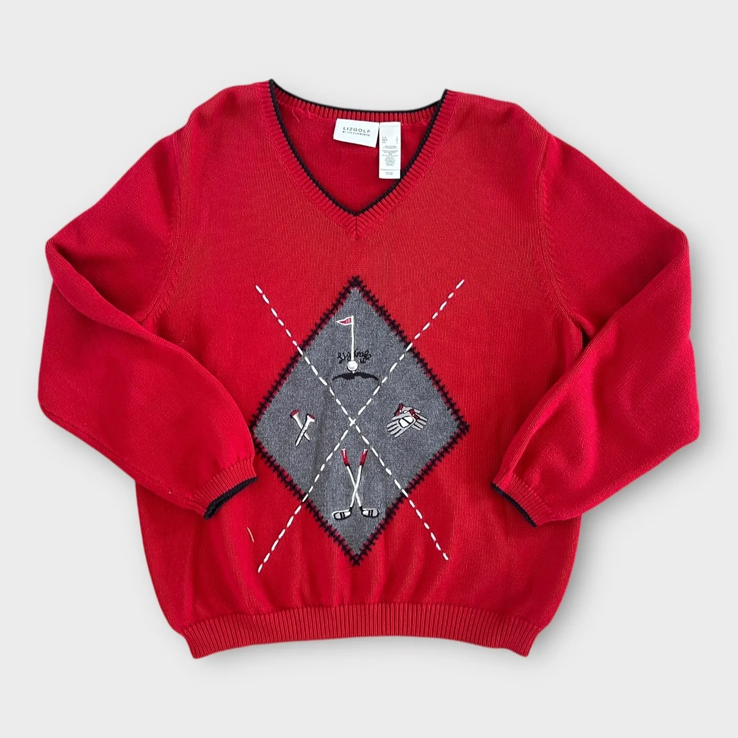 Vintage Red Argyle Embroidered Golf Sweater LizGolf Women's Large Preppy Classic - Image 11