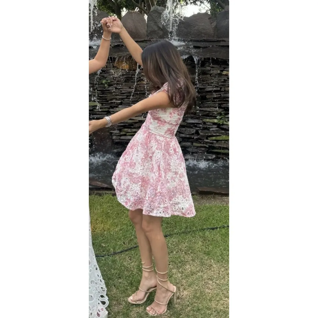 BARDOT Tamarin Broderie Short-Sleeve V-Neck Embroidered Lace Mini Dress - Image 14