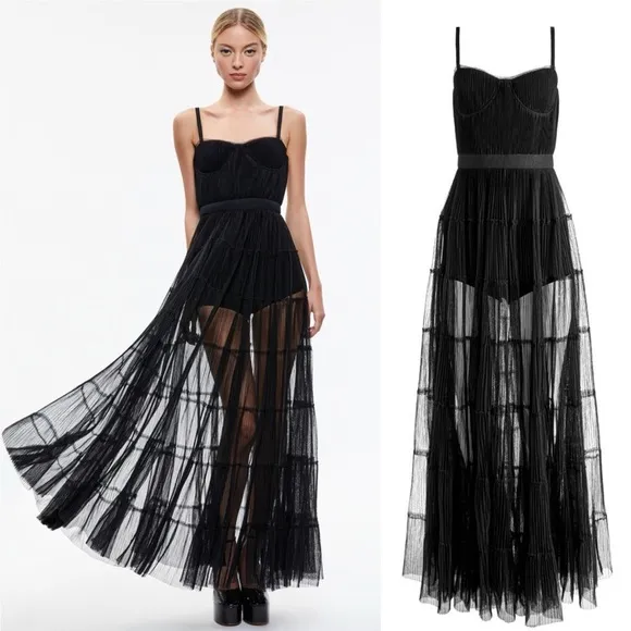 NWT Alice + Olivia Deena Pleated Maxi Dress with Hot Pants‎ Size 2 Black - Image 13