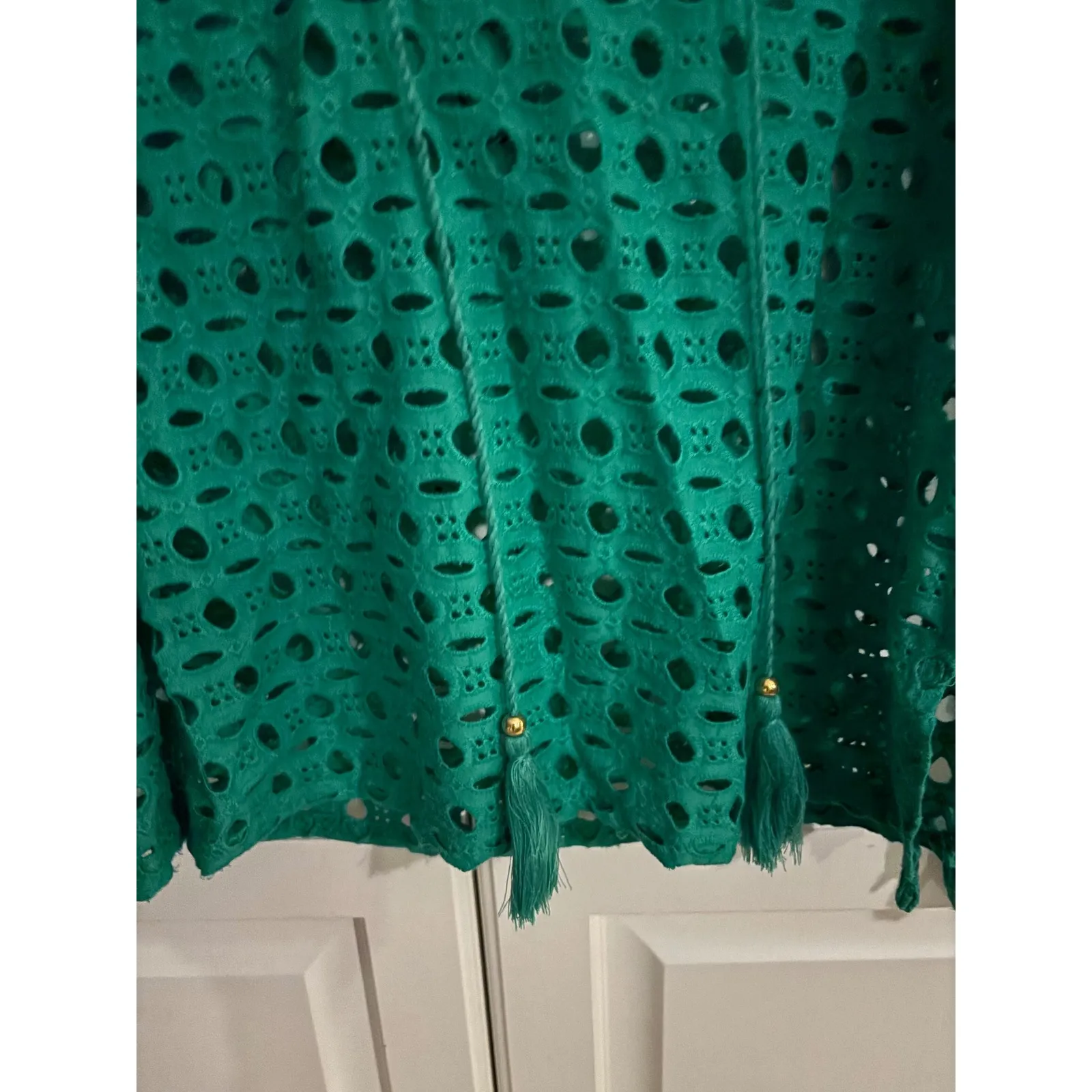 Calypso St Barth XS/S Eyelet Tassel Top Emerald Green Long Sleeve Blouse Shirt - Image 2