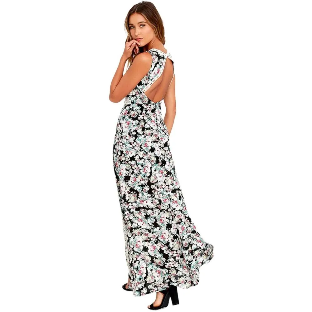 Lulus Dress Womens S Maxi Sun Will Shine Floral Print Sleeveless Lace Up Black - Image 16