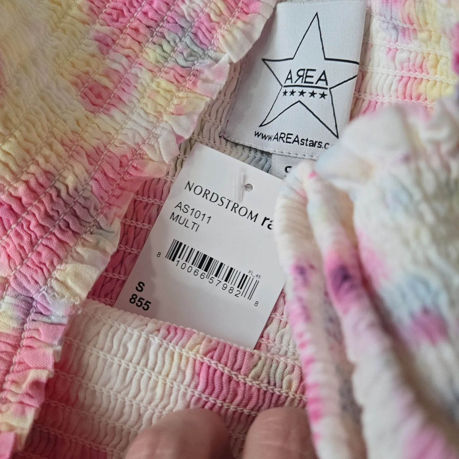 Pink White Tie Dye Smocked Off the Shoulder Area Stars Kaia Dress Size Small - Image 5