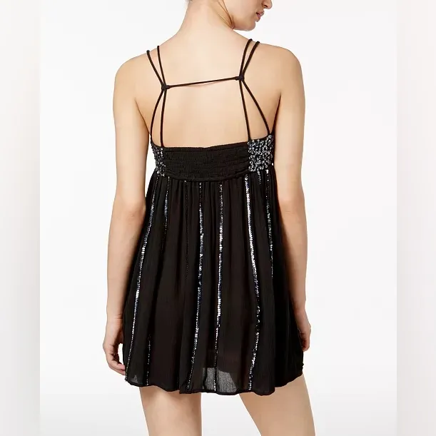 Free People Girl Glitter Mini Slip Embellished Black Dress Medium - Image 2