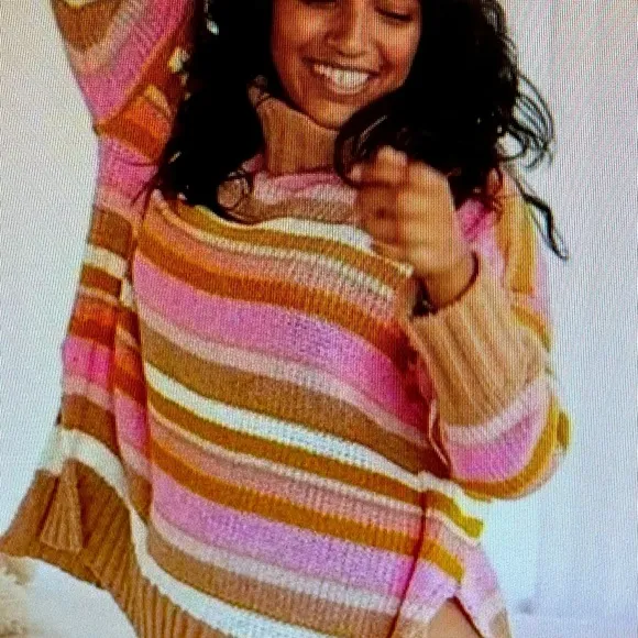 Aerie pink multicolored sunset striped slouchy chenille turtleneck sweater, XS - Image 2