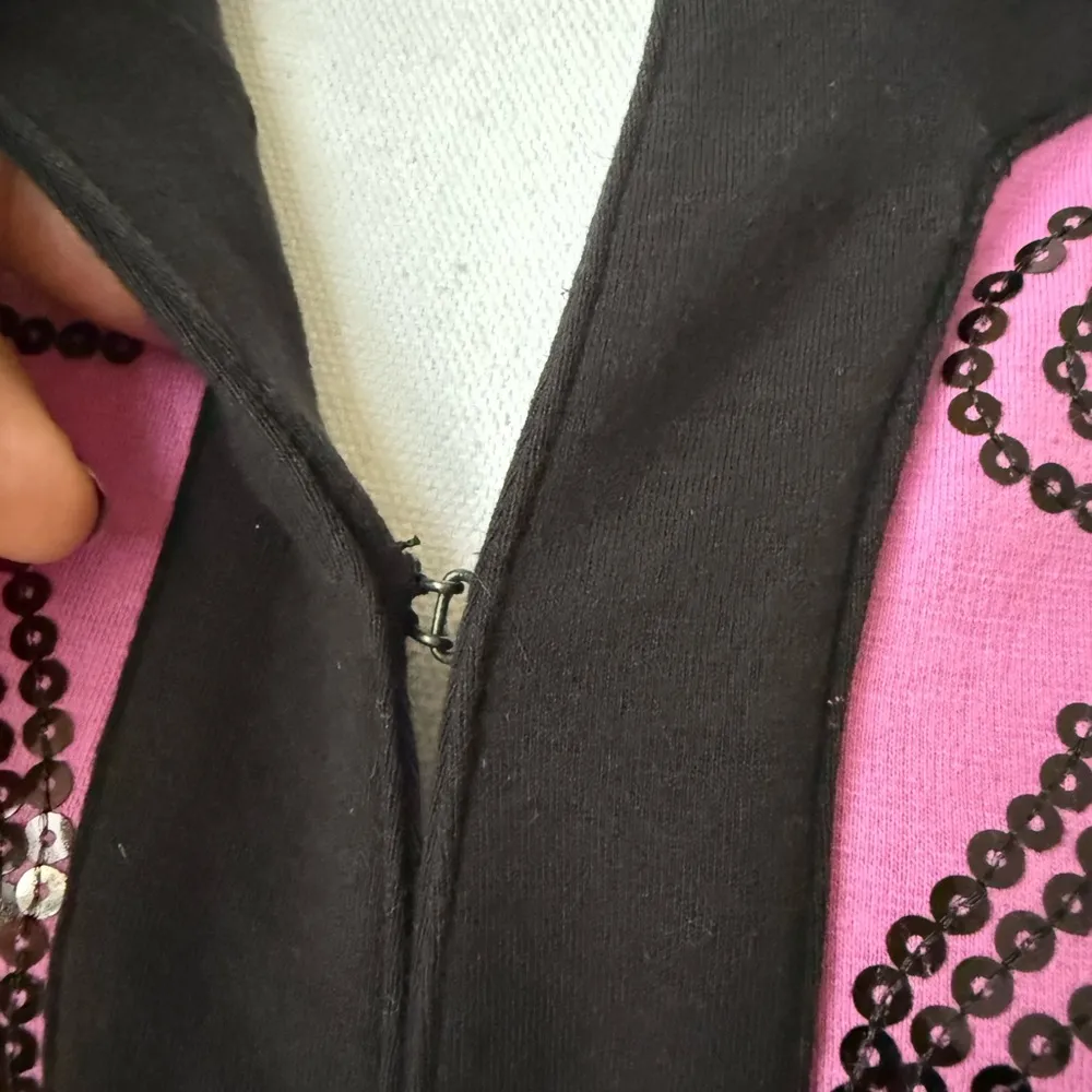 Bob Mackie Large Knit Jacket Pink Black Sequin 3/4 Sleeves Wearable Art Classic - Image 3