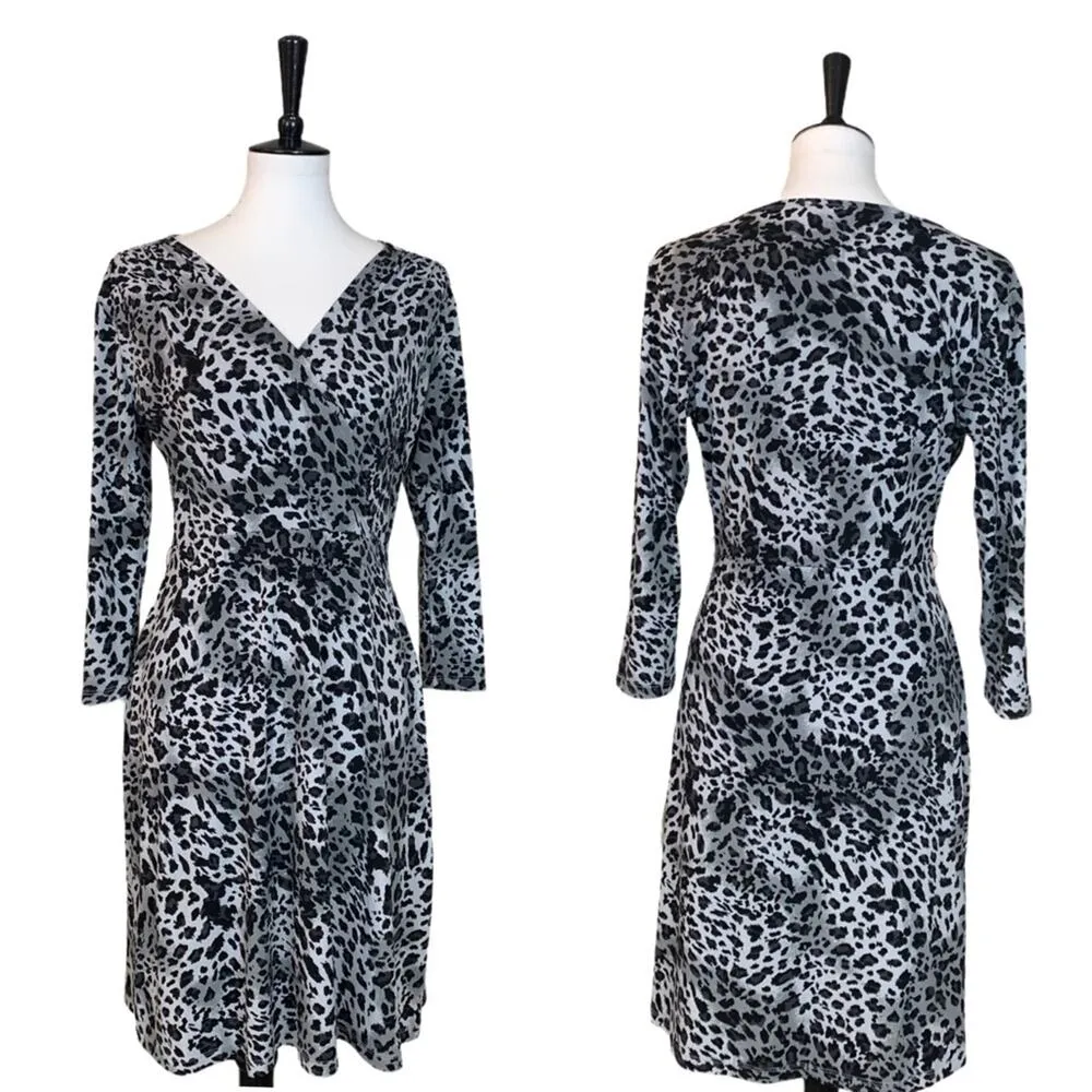 Ellen Tracy Women's Faux Wrap Dress Jersey Black Snow Leopard Size Medium M - Image 11