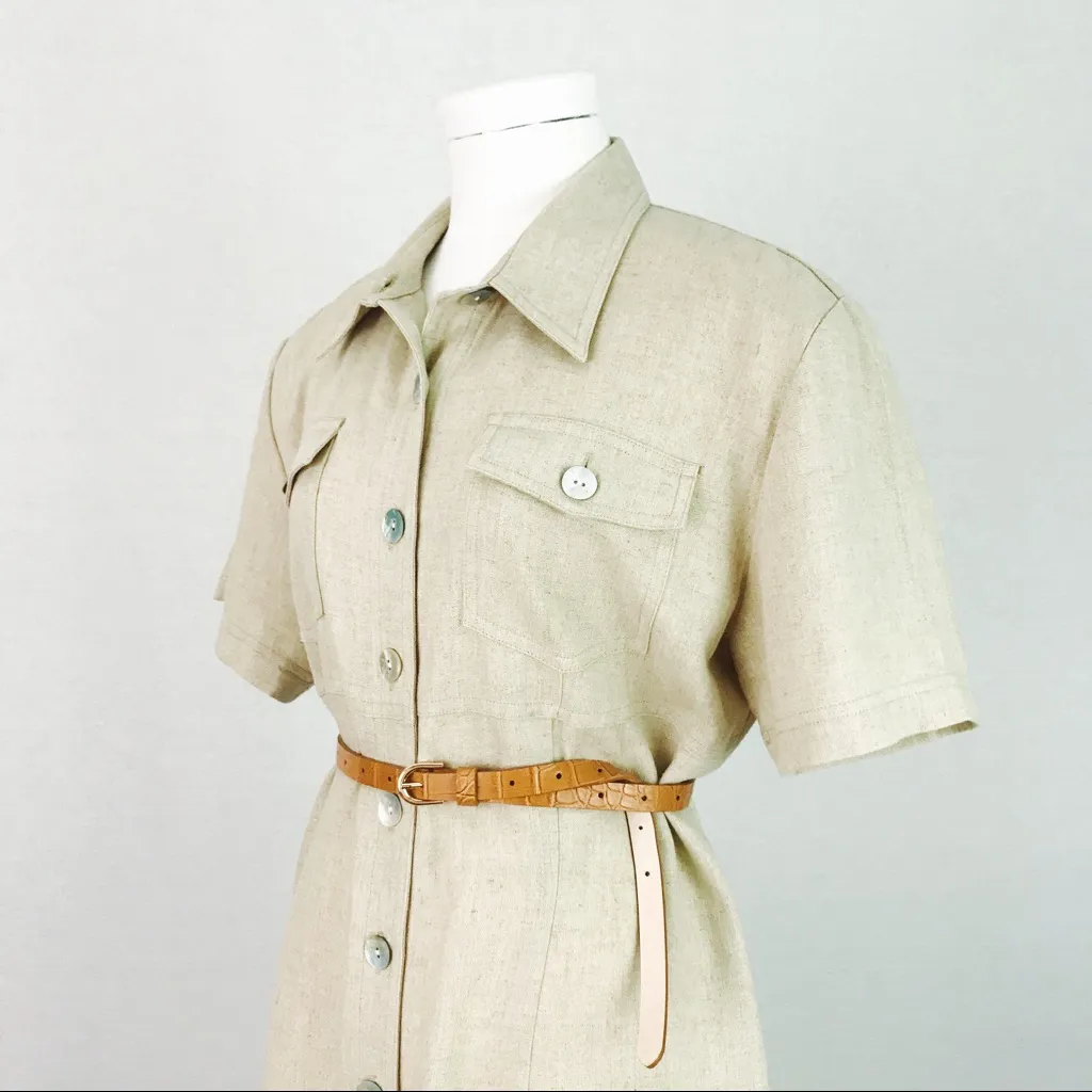 Vintage Button-Front Linen Day Dress in Beige | Size 8 - Image 4