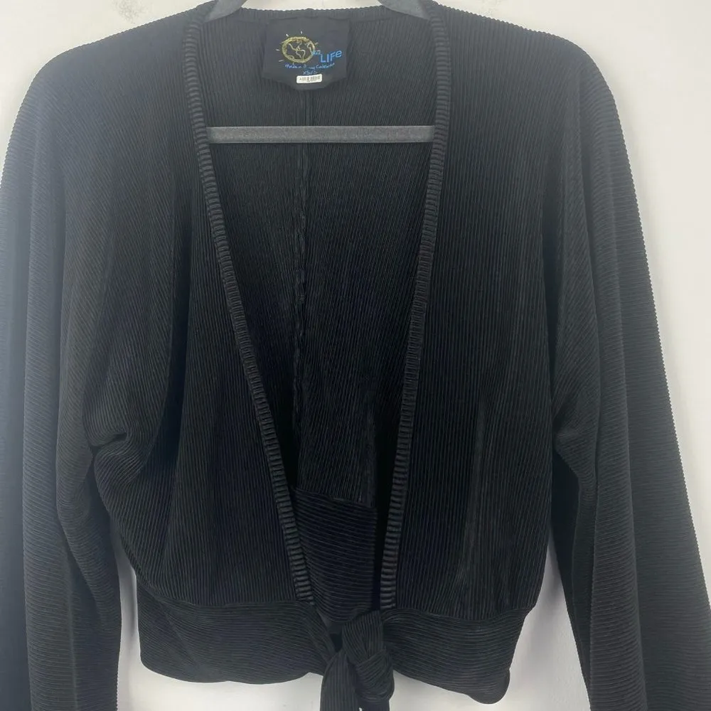 BLUE LIFE CRYSTAL‎ PLEATED KIMONO TIE FRONT TOP RIBBED BLACK KNOTTED KNOT XS/S - Image 4