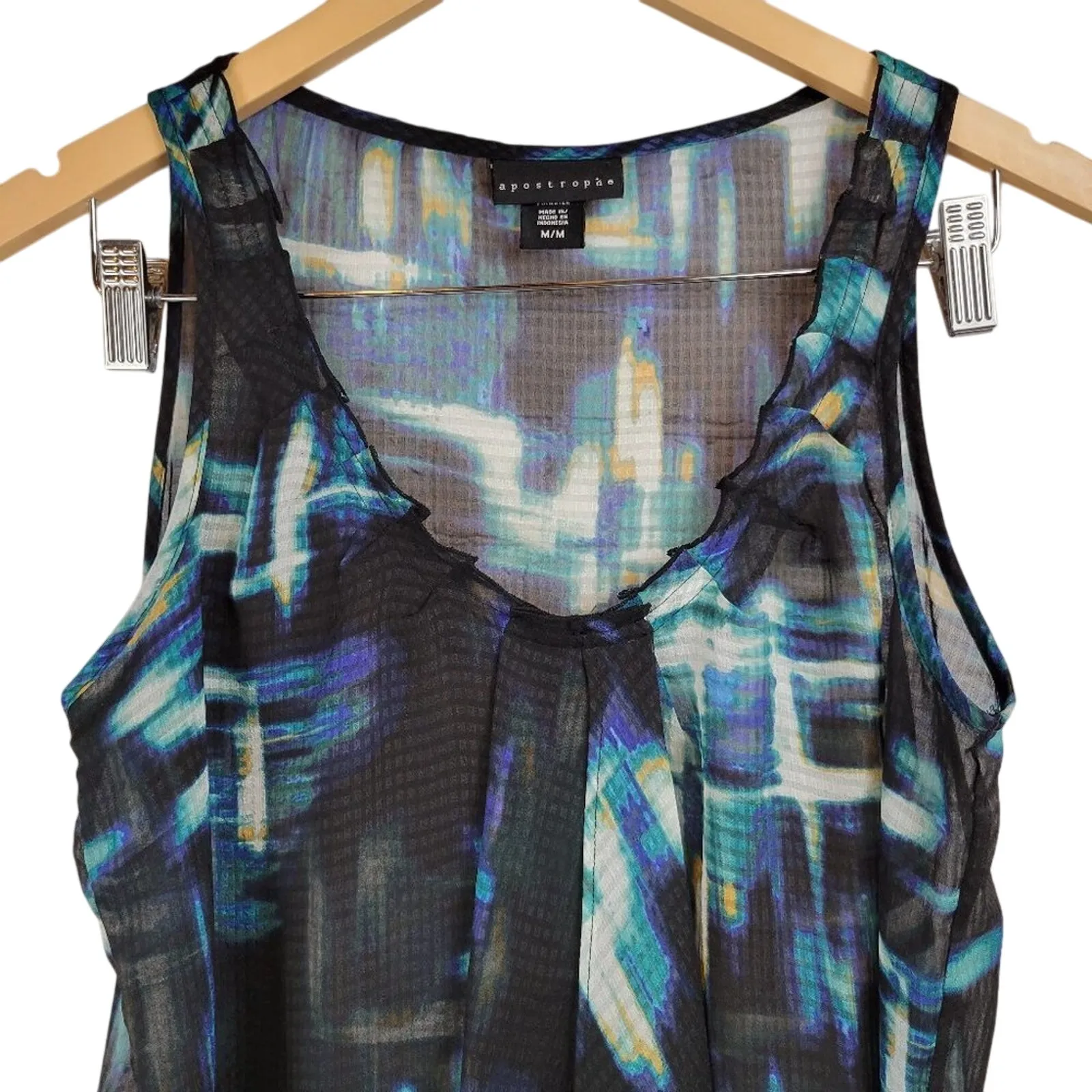 Apostrophe M Black Blue Green Abstract Print Sleeveless Ruffle Trim Tank Top - Image 4