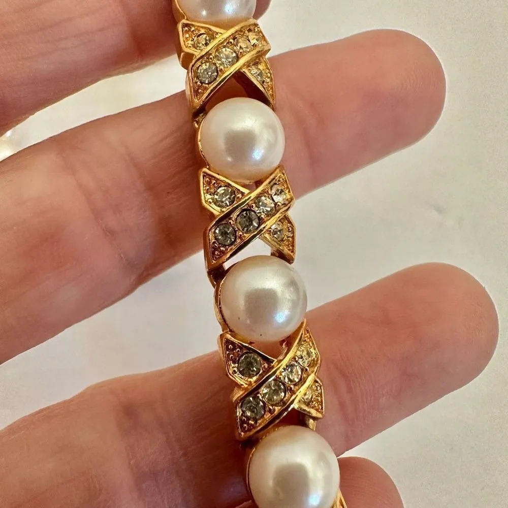 Napier X design faux pearl and gold tone rhinestone choker necklace - Image 7