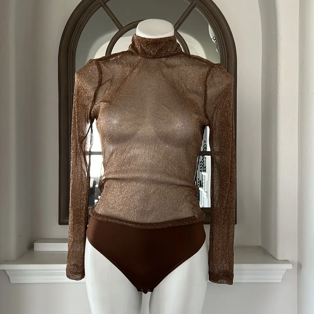 Royalty by Maluma Sheer Metallic Bodysuit, Metallic Gold Size M New w/Tag Size M - Image 5
