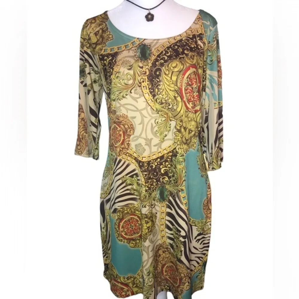 Fresh of LA Baroque Print Lion Chain Turquoise 3/4 Sleeve Tunic Dress Women's Tan Size undefined - Image 4