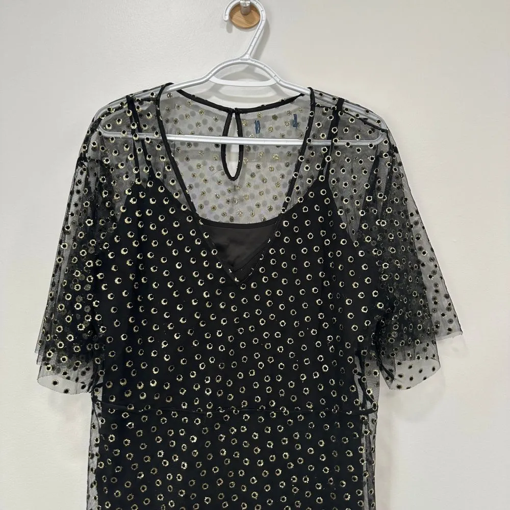 Modcloth Shimmer Swish Midi Dress Large Black Gold Sparkly Sheer‎ Short Sleeve - Image 8