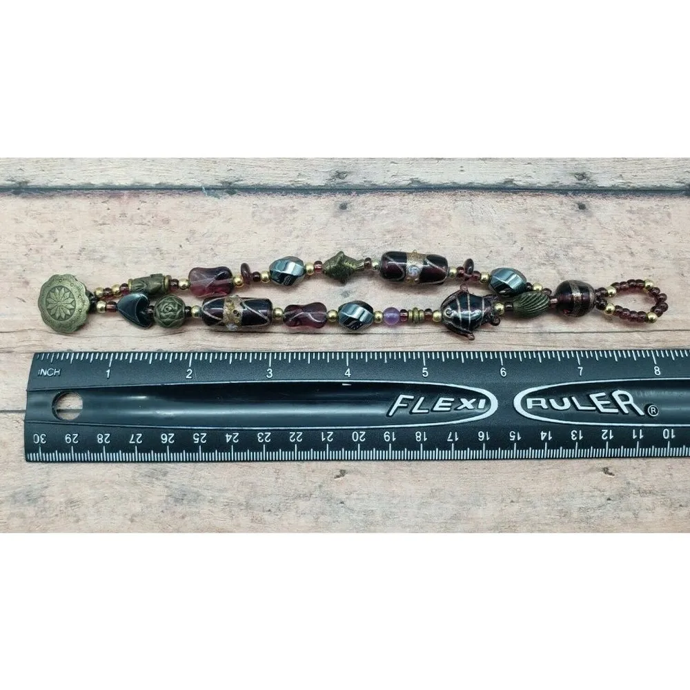 Double Strand Beaded Bracelet Fish Heart Seashell Charms 8" Toggle Clasp Brown - Image 12