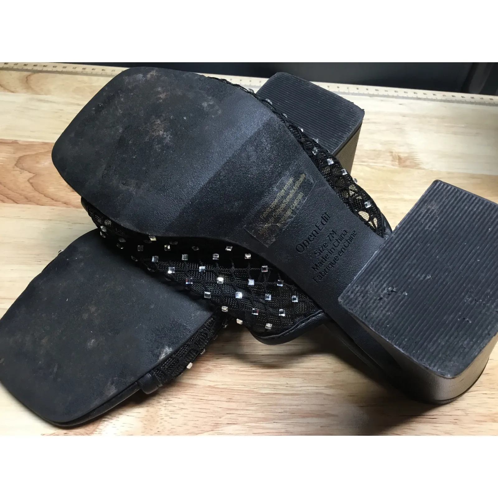 Open Edit Slide Sandals Women's 7 Black Mesh Rhinestones High Block Heels Preppy - Image 5