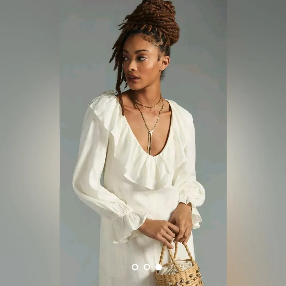 Anthropologie Porridge Ivory Ruffle Linen Midi Dress - Image 2