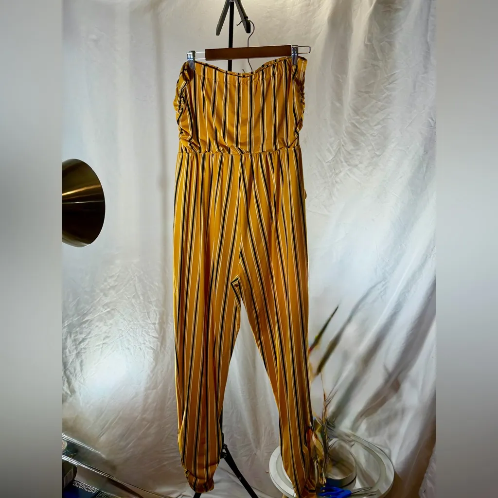 Love J Striped Yellow And Blue Jumpsuit gathered hem strapless Size XL Bodycon - Image 10