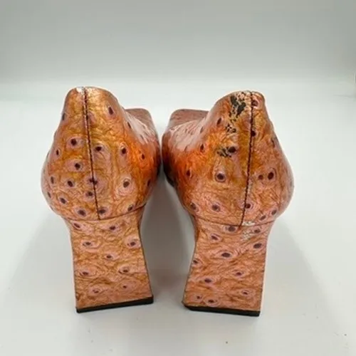 90s Bellini Women Square Toe Leather Ostrich Embossed Metallic Heels Shoes 9M Orange Size 9 - Image 8