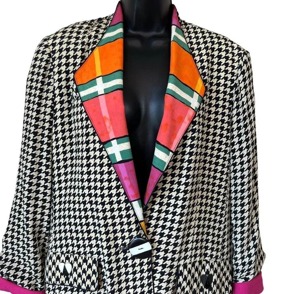 Vintage 80’s Platinum Dorothy Schoelen Retro Houndstooth 2PC Skirt Suit Black Size M - Image 2