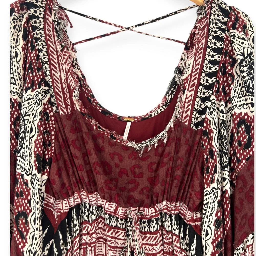 Free People | S | “Heart of Gold” Dress Boho Leopard Print Mini Flowey Oxblood - Image 4