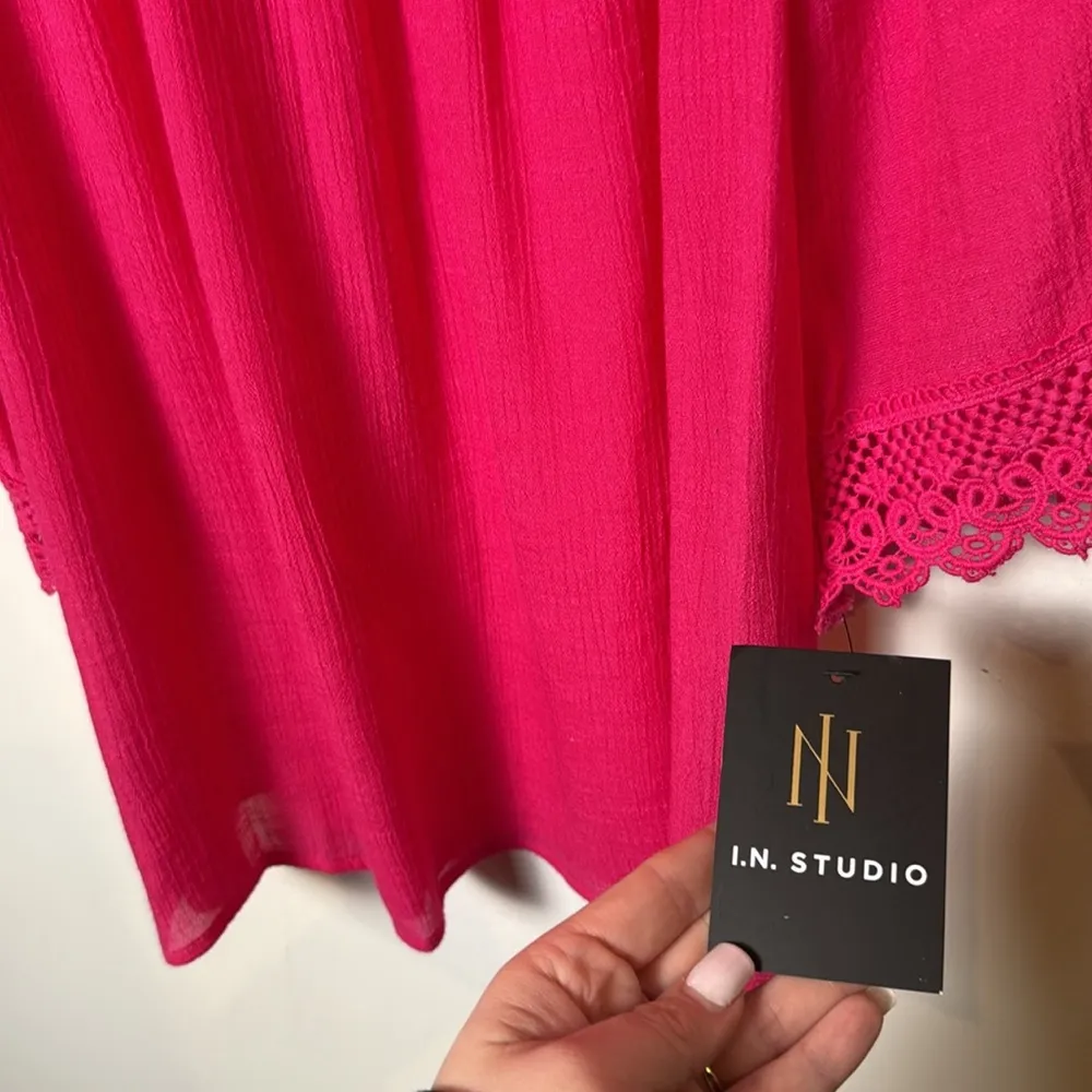 Brand New I.N. Studio Pink 3/4 Sleeve Lace Trim Square Neck Blouse size M NWT Size M - Image 3