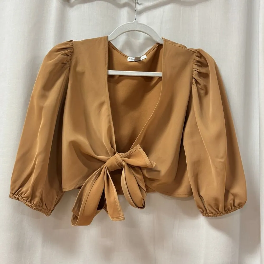 Pretty Lavish Jamie Crop Tie Knot Blouse & Wide Leg Trouser Pants Set Tan US 4 - Image 4