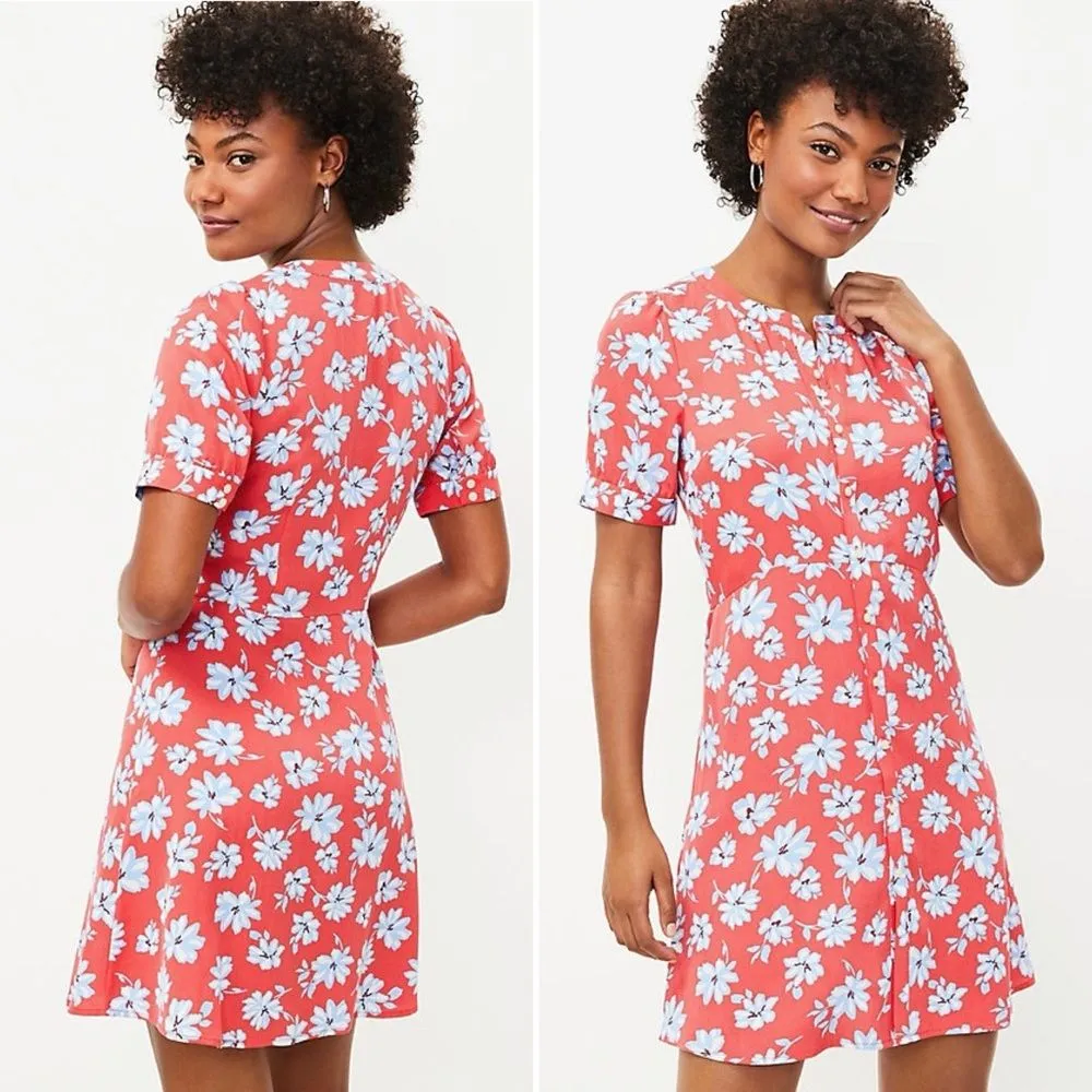 LOFT Floral Flare Retro Shirt Dress Coral Red Blue White Size 14P | 14 Petite - Image 13