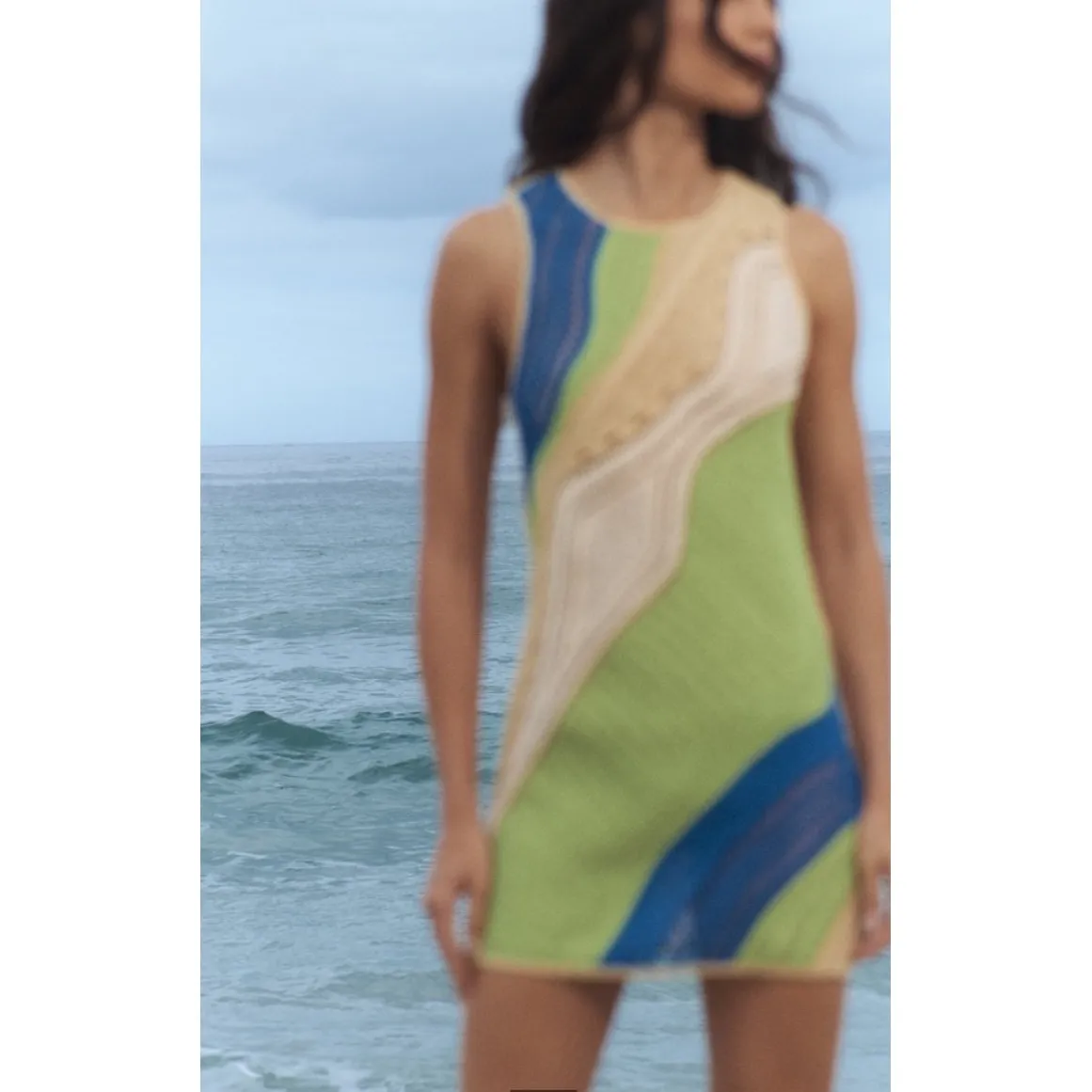 Zara Colorful Crochet Knit Dress Sz Medium Lime Green Blue Cream Sleeveless Mini - Image 2