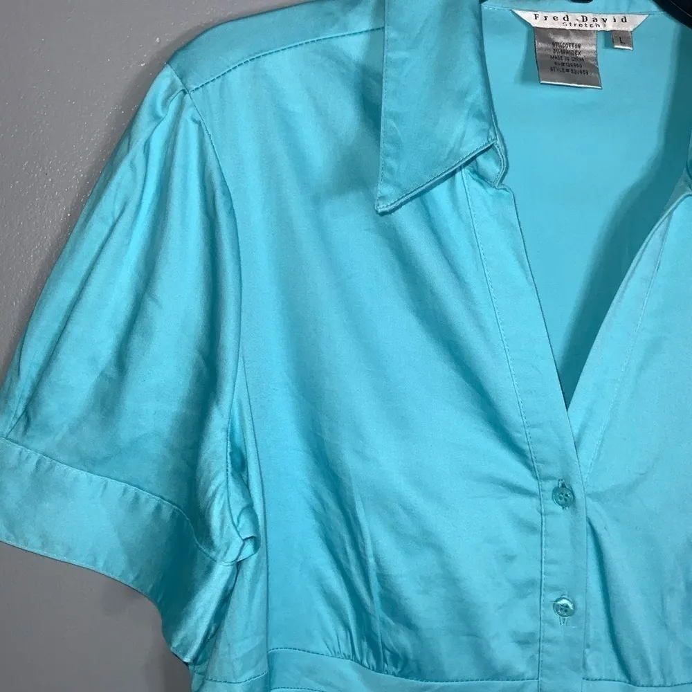 Fred David Turquoise Blue Cotton Short Puff Sleeve Button Front Shirt L - Image 4