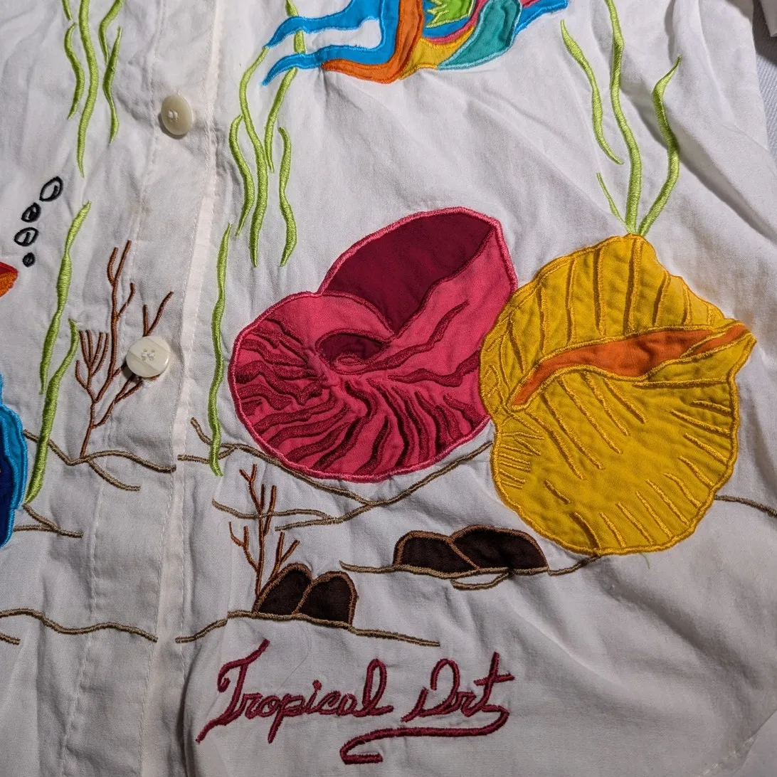 Vtg 1990s Tropical Art White Cotton Colorful Fish Embroidered Button Up Shirt M Size M - Image 3