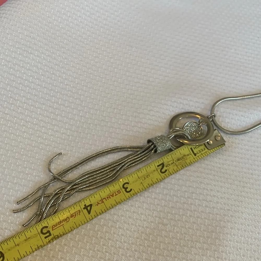 Long Silver Tone Statement Necklace with Sparkle and Chain Tassel - Image 6