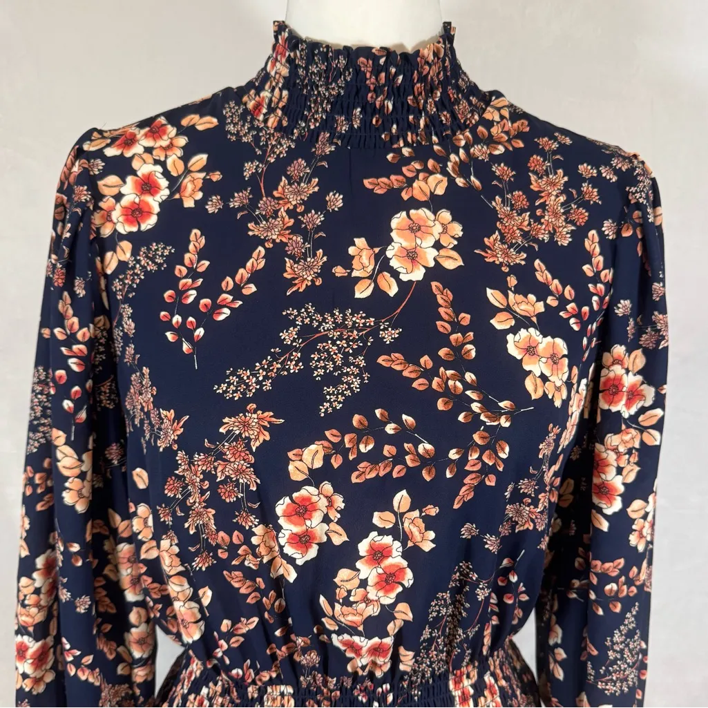 Nanette Lepore long sleeve navy floral smocked mock neck midi dress size 6 - Image 3
