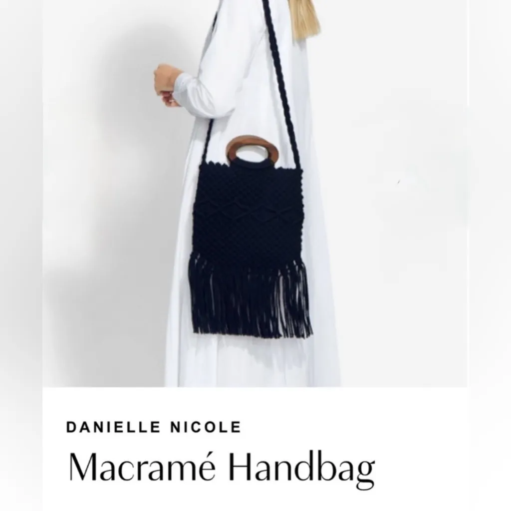 EUC Danielle Nicole Black Crochet Macrame Boho Bag with Fringe & Wooden Handle - Image 2