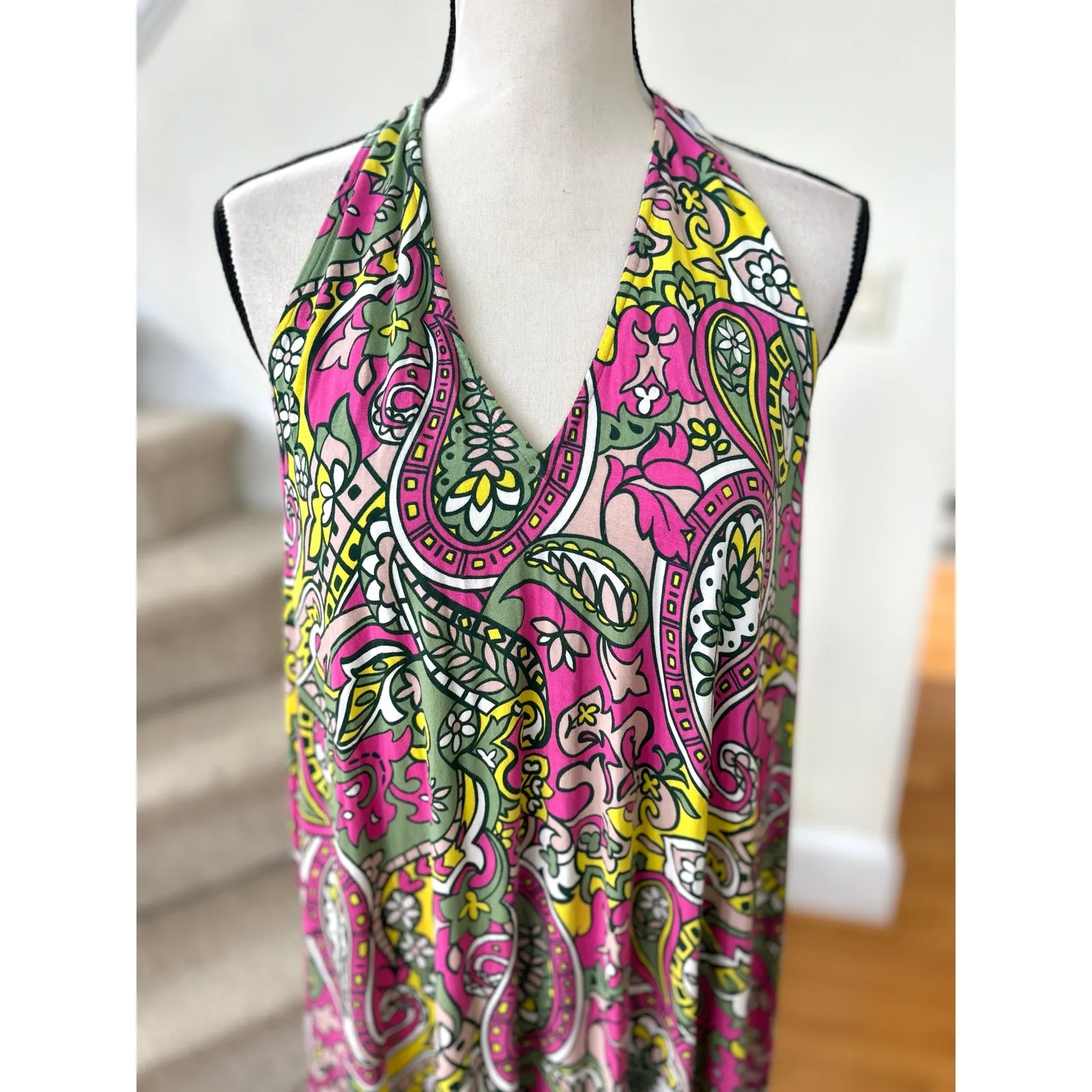 Boden Pink Yellow Green Paisley Halter Jersey Maxi Sleeveless Dress Size 12 - Image 3