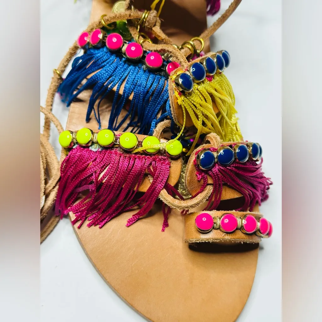 Elina Linardaki Greek Lace Up Gladiator Beaded Fringe Flat Sandal Shoe Size 10 Pink - Image 6