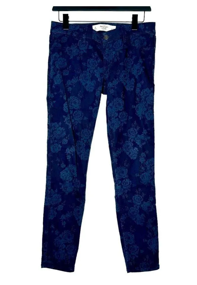 A&F Floral Blue Skinny Jeans Size 4 W27 Abercrombie Fitch Jacquard Denim Y2K 90s - Image 2